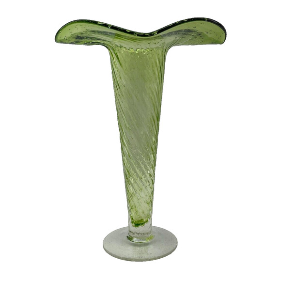 Spiral Ribbed Transparent Green Glass Vase with Circular Flat Base 10 1/2" Tall - Picture 2 of 9